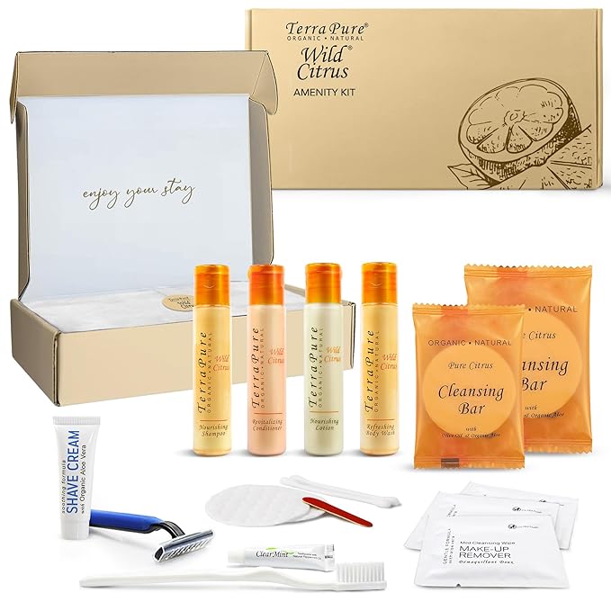 Terra Pure Amenity & Accessory Kit |1 oz Travel Size Shampoo, Conditioner, Lotion, Body Wash, 2 Cleansing Bars, Shave & Dental Sets, Make-Up Remover Wipes, & Vanity Kit | 1 set per case