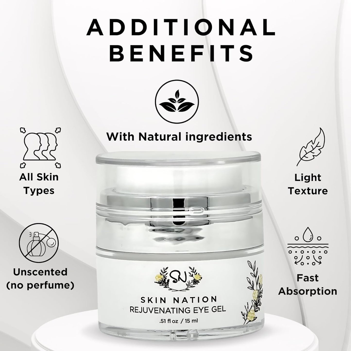 Skin Nation Rejuvenating Eye Gel, Super Hydrating with Peptides, Hyaluronic Acid and Green Tea, Lightweight Plant Based Under Eye Cream for Puffiness, Dark Circles and Smooth Skin, 0.51 oz