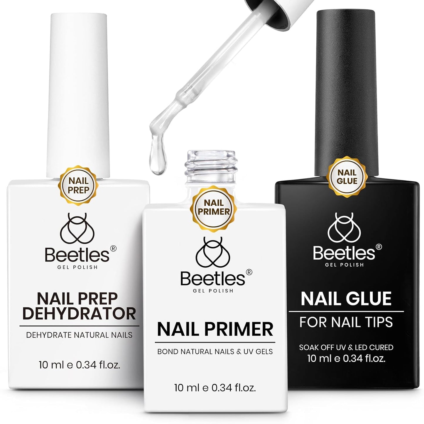 Beetles 3Pcs Gel Nail Glue Nail Dehydrator and Primer, Professional Nail Prep Acid-Free & Hema-Free Dehydrate Bond Primer 9 in 1 Gel Glue Kit for Press On Nails Nail Tips Nail Extension Gifts for Her