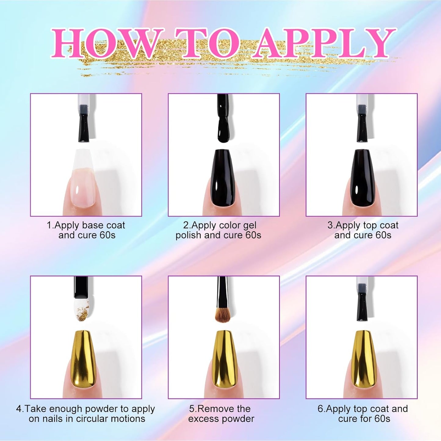 NXJ INFILILA Gold Silver Chrome Nail Powder, Metallic Mirror Pigment Glitter Effect 4 Colors Holographic Rose Gold Pink Chrome Powder for Gel Nails, Manicure Nail Art Decoration Gift for Women