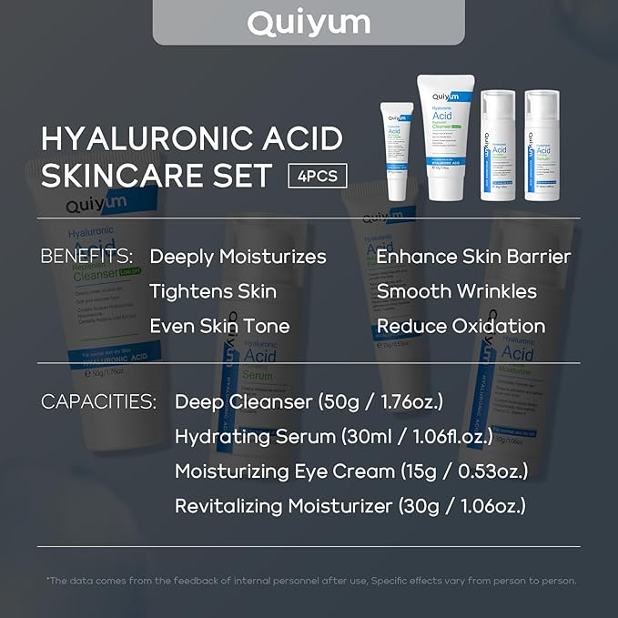 Hyaluronic Acid Skin Care Set, Hydration Kit for Women Teen Girls, Low pH Cleanser, Moisturizer, Serum, Eye Cream, Anti Aging, Firming, Travel Size Facial Care Gift Set for Dry Sensitive Skin