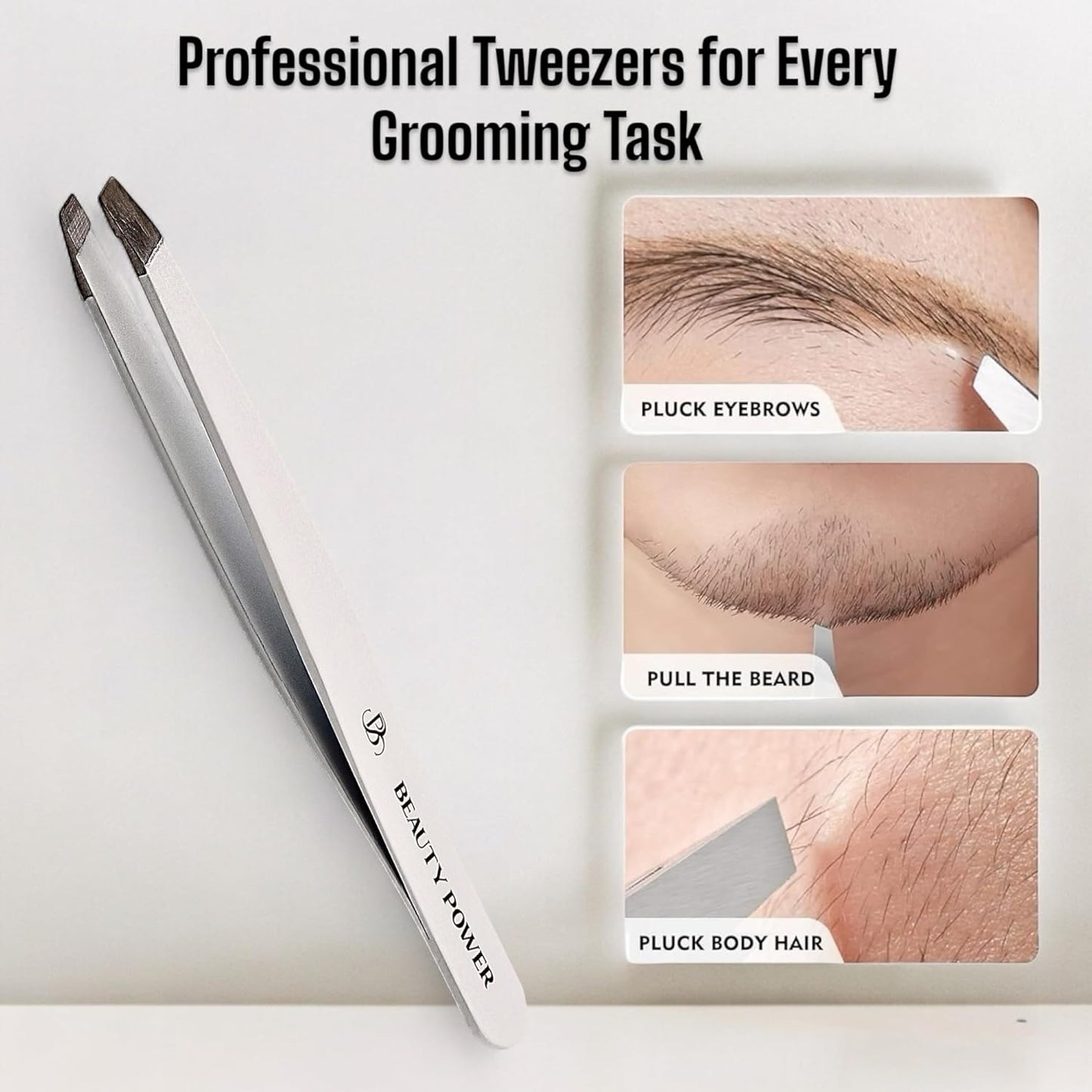 Slant Tip Precision Tweezers - Stainless Steel Eyebrow Tweezers for Women & Men - Precision Tweezers for Facial Hair, Ingrown Hair & Brow Shaping - Professional Beauty Tool (White)