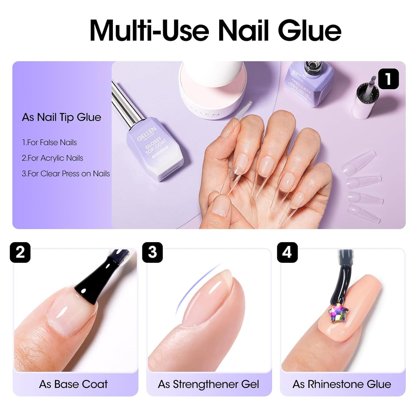 Gellen 4 in 1 Nail Glue Gel and No Wipe Gel Top Coat for False Nail Tips & Acrylic Nails & Clear Press on Nails, 18ML Long Lasting Nail Gel Kit, Home Salon Manicure Set