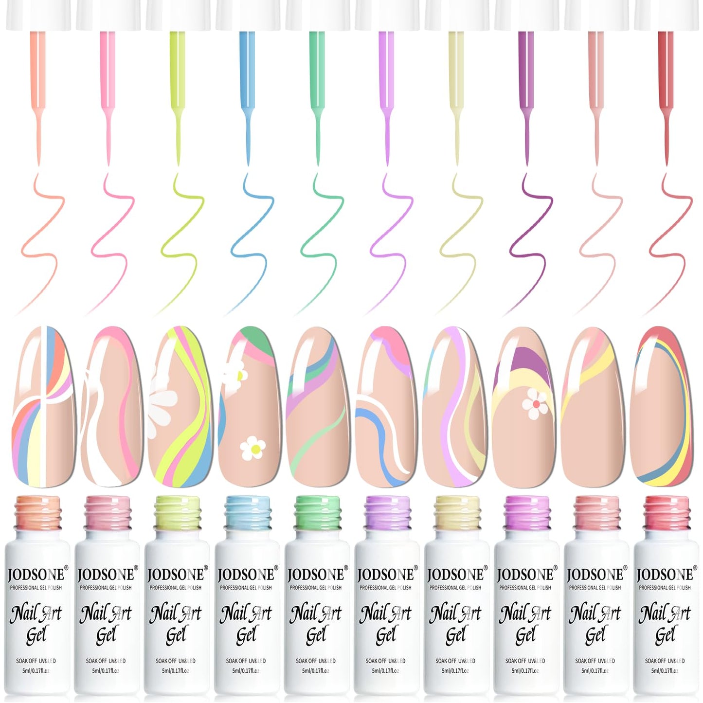 JODSONE Art Gel Liner Set 10 Colors Black Red Blue Need U V Lamp Cured with Thin Brush Gift for Girls at Home Salon Design