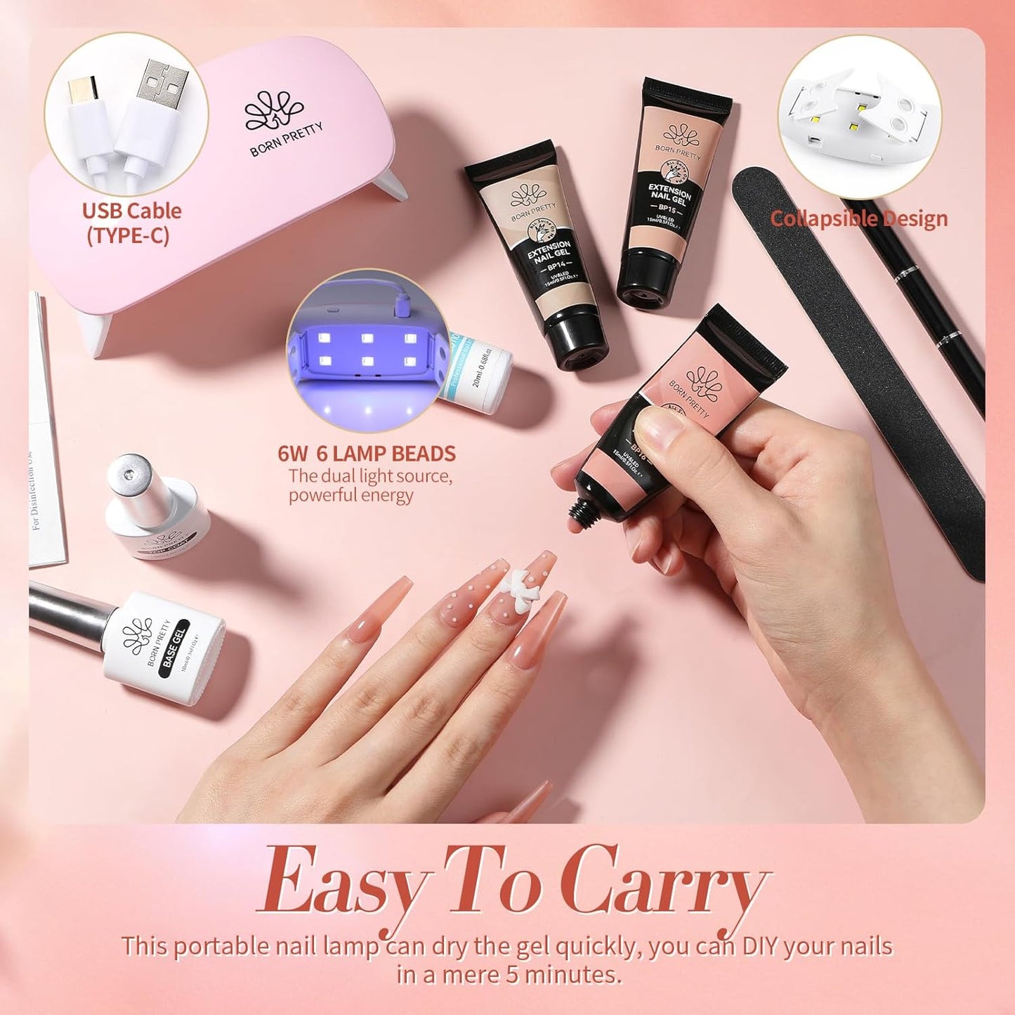 BORN PRETTY Extension Nail Gel Kit-6 Colors Gel Kit Nude Clear Jelly All-In-1 Set Builder Glue with U V Lamp Base Top Coat Set Forms French Manicure Set for Beginner