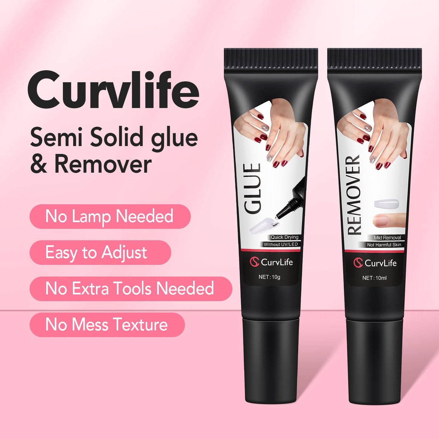 Curvlife Newly Upgraded Quick Drying 10g Semi Solid Nail Glue Gel with 10ml Remover Kit for Press On and Fake Acrylic Nails Tips, No Need for UV Lamp, Long Lasting