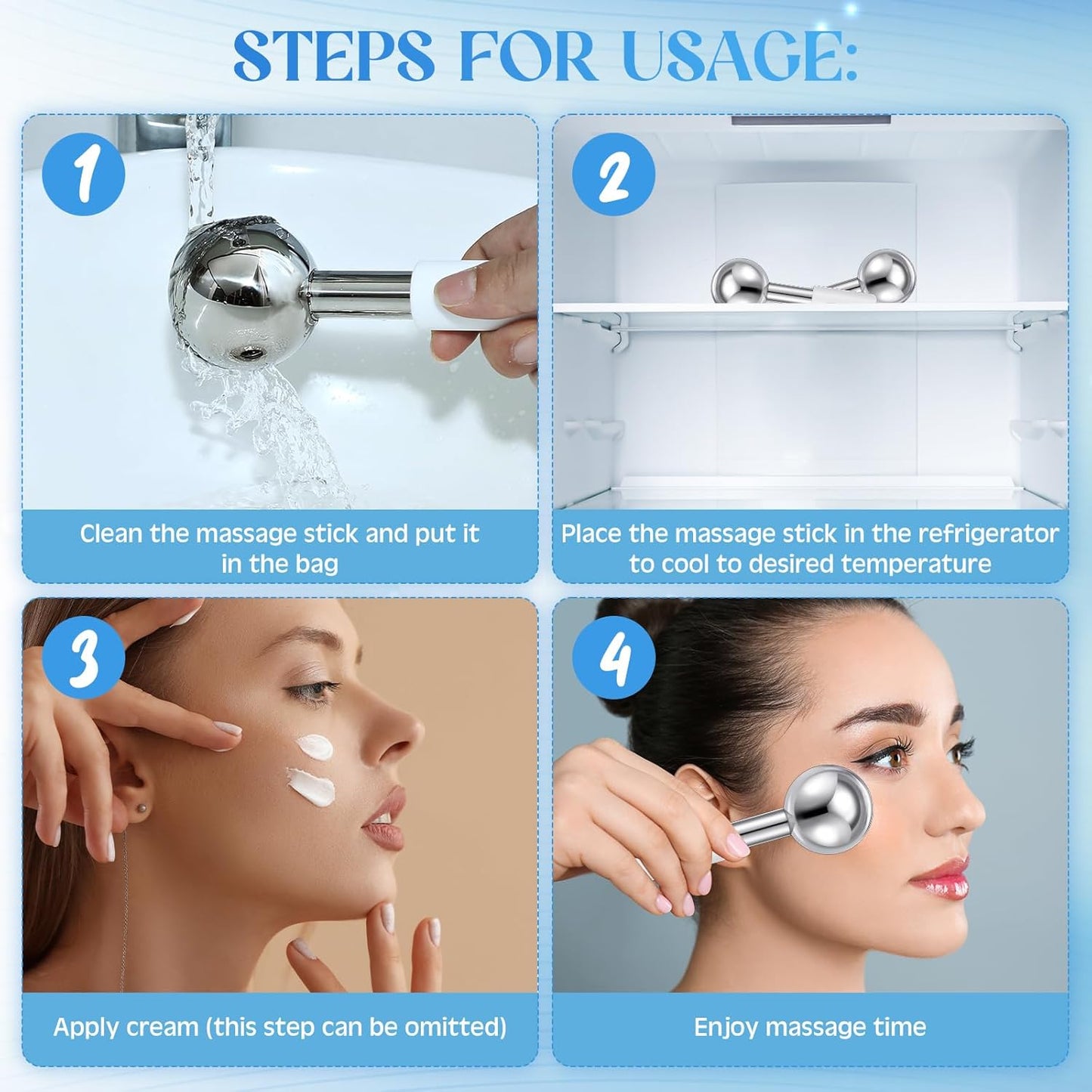 Baderke 2 Pcs Ice Globes for Face Stainless Steel Cooling Globes Unbreakable Cooling Roller Women Ice Balls Cryo Sticks Face Skin Care for Dark Circles, Puffiness(Silver (white Handle))