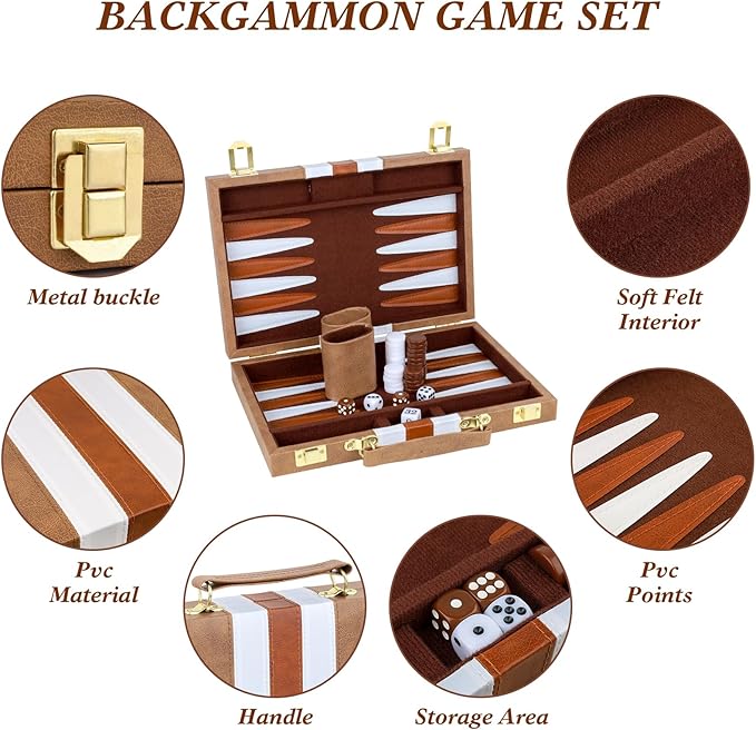 Backgammon Set 2 Players Classic Backgammon Sets for Adults Board Game with PU Leather Case Portable and Travel Backgammon Set (Retro Brown, 11inch)