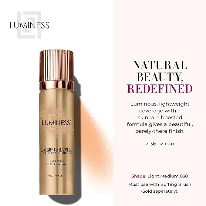 LUMINESS Airbrush Veil Tinted Moisturizer, Light Medium 030 - Lightweight, Hydrating, & Skin-Plumping Face Moisturizer Spray - Facial Skin Tint with Hyaluronic Acid, Ceramides, & Hydrolyzed Silk