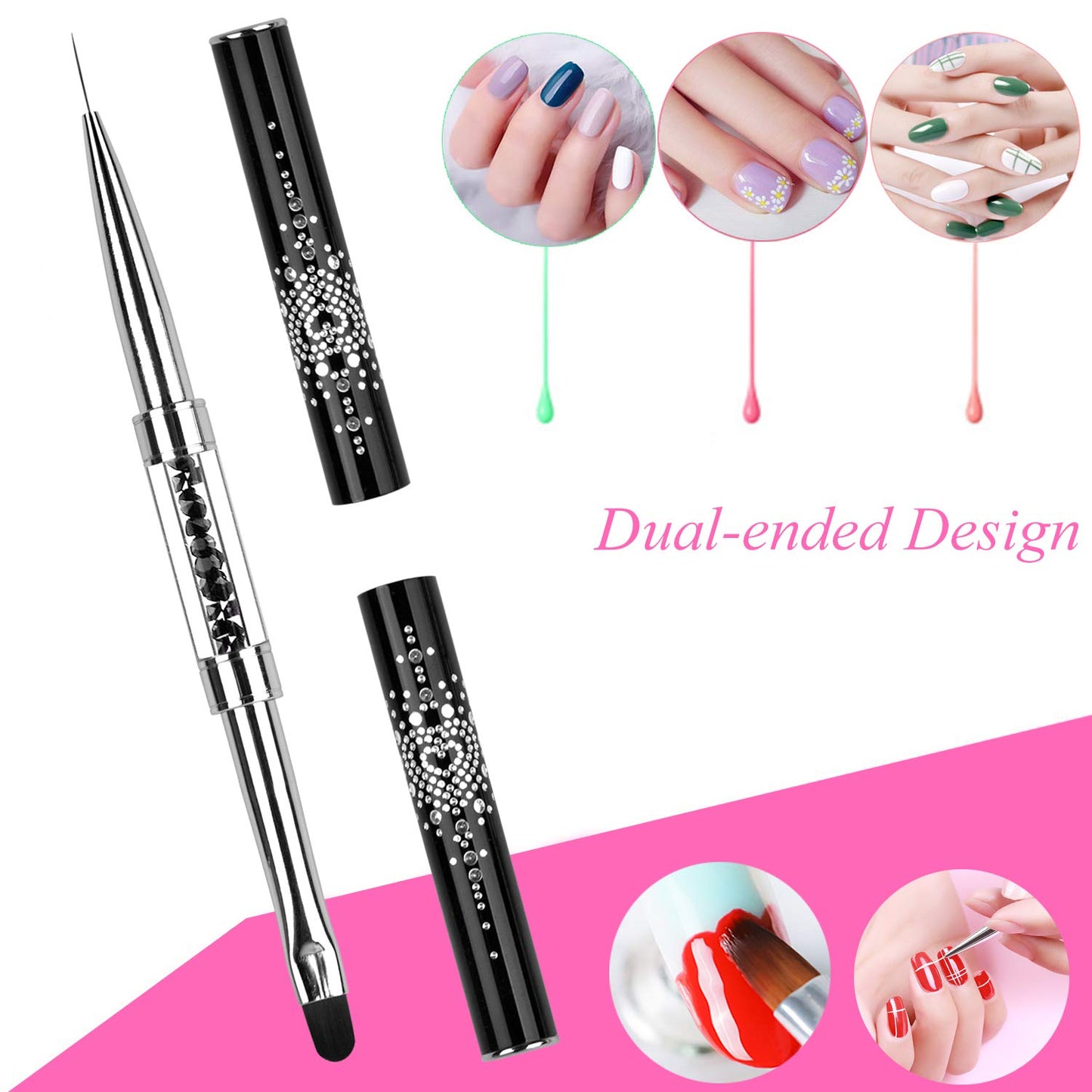 LEQ 1Pcs Dual-ended Nail Design Brush Rhinestone Handle UV Gel Nail Brush Professional Nail Art Tools