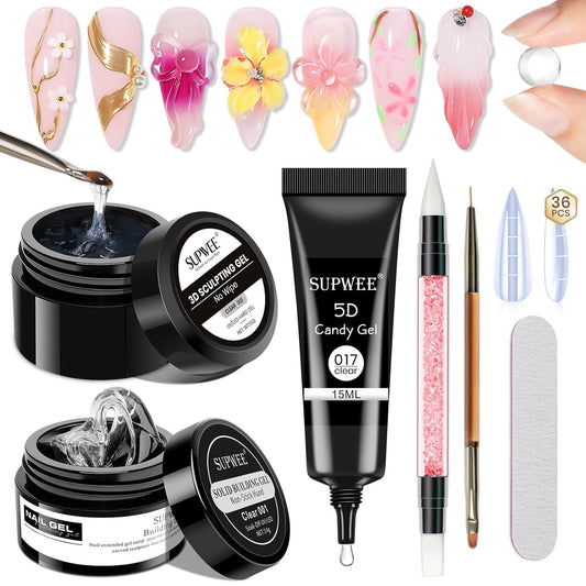 3d Gel Nail Art Set: Non Stick Hand Solid Builder Gel, No Wipe 3d Gels, 15g 3d Sculpting Gels All-in-1 Kit for Carving Moliding Extension Home DIY Manucure for Women Girls