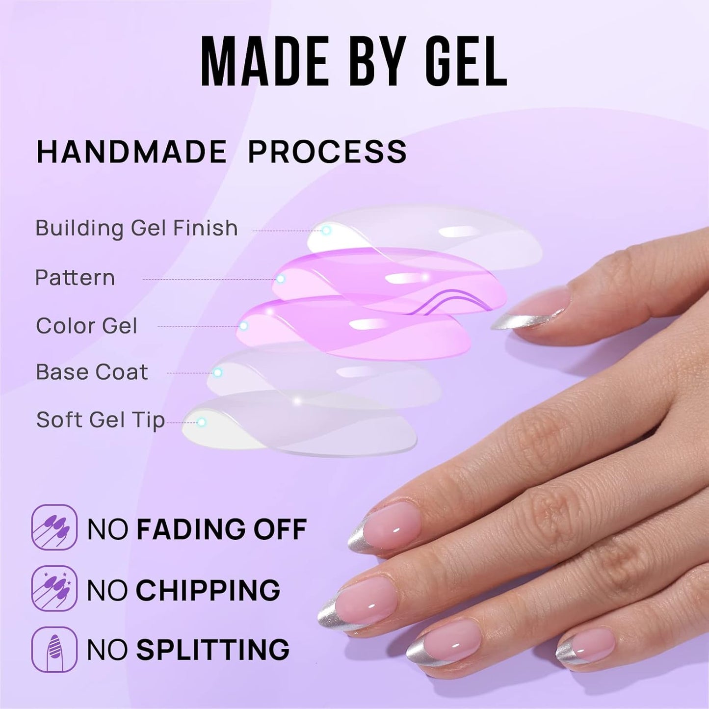 French Tip Press On Nails - BTArtbox 30 PCS Almond Fake Nails, Fit Perfectly & Natural Reusable Silver Outline Soft Gel Nails with Nail Glue and Jelly Glue in 16 Sizes, Rock Me
