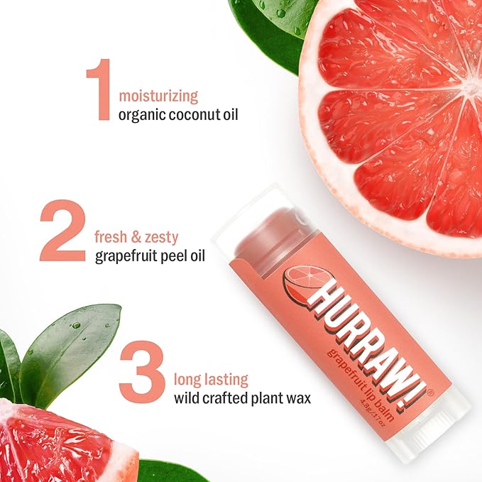 Hurraw! Grapefruit Lip Balm, 2 Pack: Organic, Certified Vegan, Cruelty and Gluten Free. Non-GMO, 100% Natural Ingredients. Bee, Shea, Soy and Palm Free. Made in USA