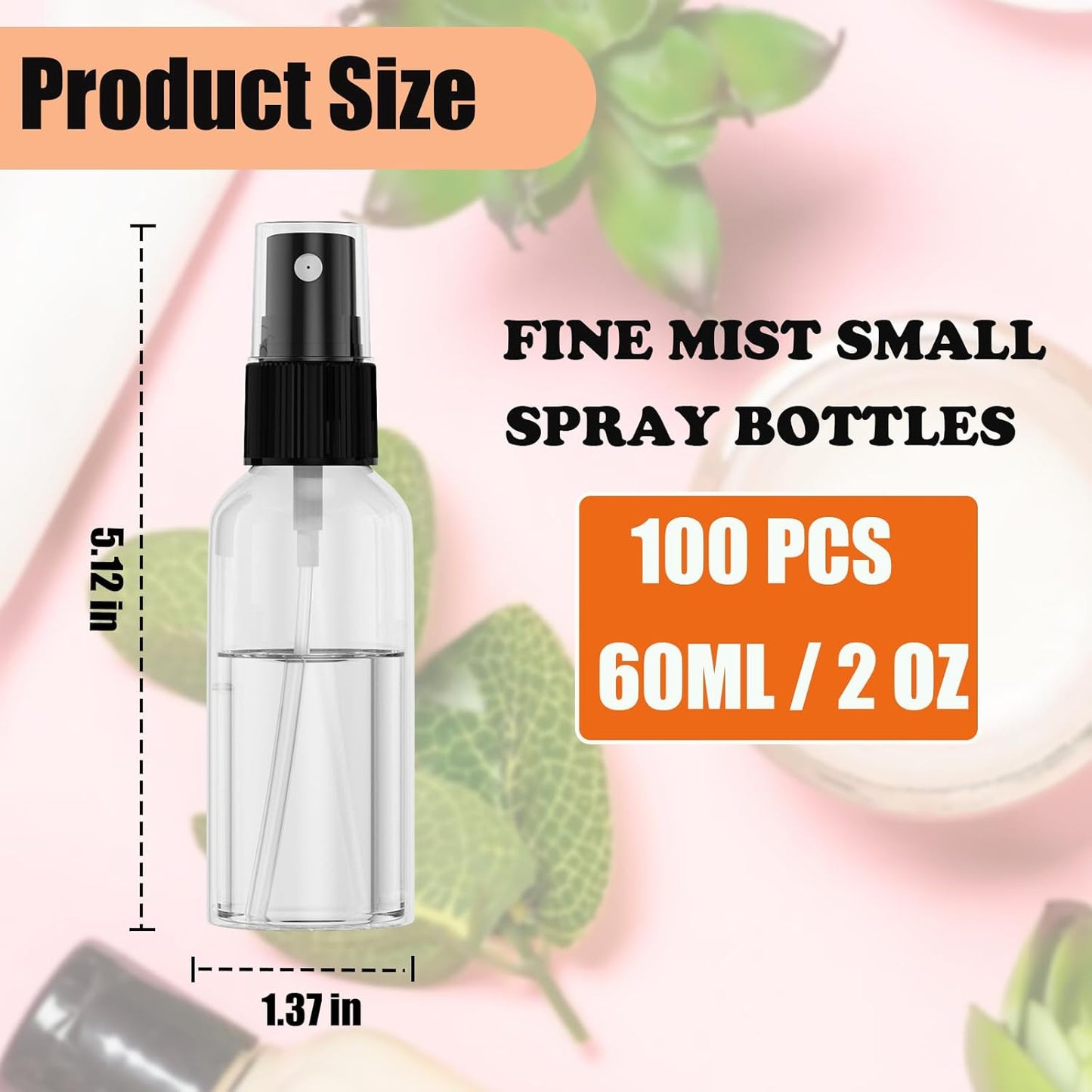 100Pack 2oz Spray Bottles Plastic, 60ml Small Spray Bottle Bulk Black Fine Mist Sprayer, Empty Refillable Containers Portable Cosmetic TravelSpray Bottles for Plants, Cleaning, Misting & Skin Care