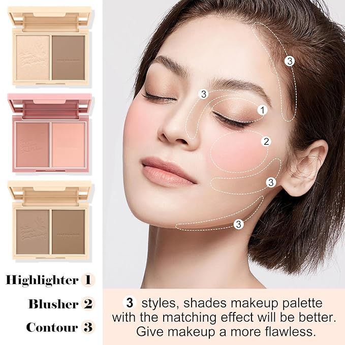 Boobeen Highlighter Contour Makeup Palette Face Matte Bronzer Powder, Compact Contouring Blush for Cheeks, Natural Long Lasting with Brush