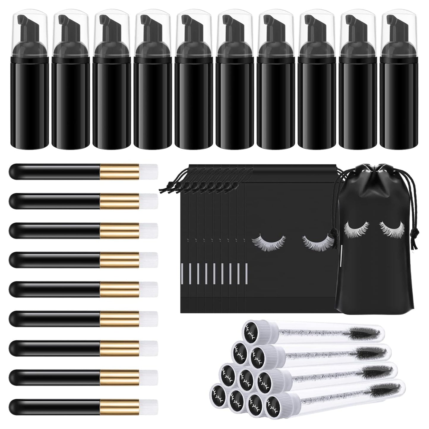 Homicozy 40 Pcs Lash Shampoo Bottle Brushes & Dispensers Set - 10 Pcs Lash Brushes, Tubes & Aftercare Bag for Clients, Women, Girls (Black)