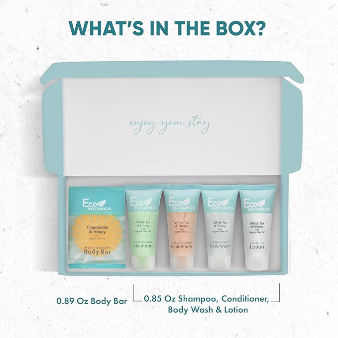 Eco Botanics Amenity Kit | Boxed Hotel Toiletries | Bulk Set 0.85 oz Travel Size Shampoo, Conditioner, Lotion, Body Wash & Body Bar Soap for Guest Hospitality AirBnB/Vacation Rentals | 1 set per case