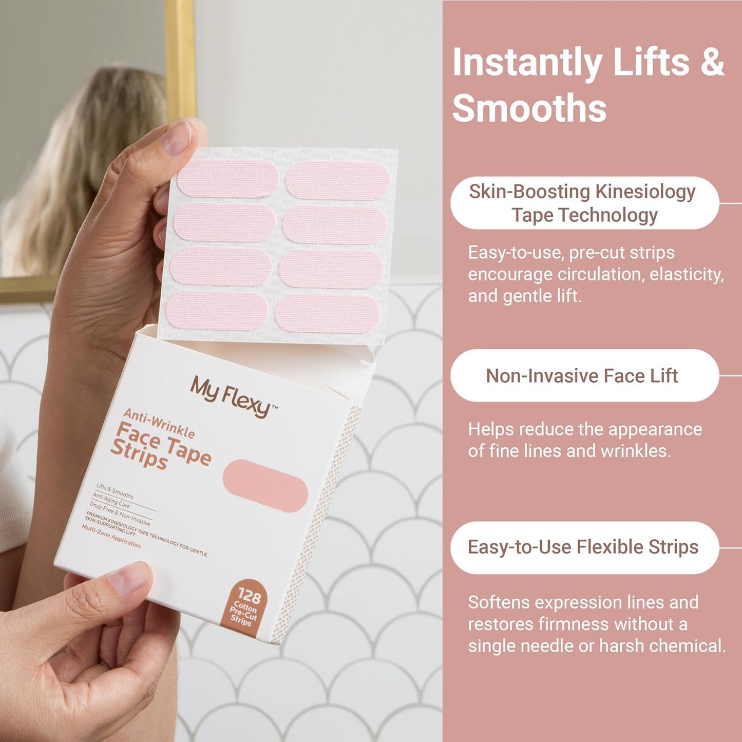 Face Tape Strips - 128 Pre-Cut Cotton Face Lifting Tape, Facial Tape, Overnight Anti Wrinkle Patches, Smile Line Patches, Frown Line Patches, Smoothing & Tightening - Latex Free.