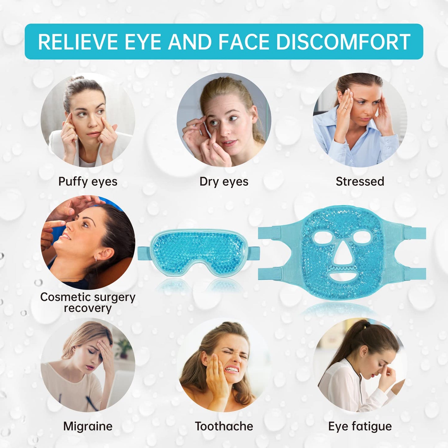 ZNÖCUETÖD Cooling Ice Face Eye Mask for Reducing Puffiness, Bags Under Eyes,Sinus,Redness,Pain Relief,Dark Circles, Migraine,Hot/Cold Pack with Soft Plush Backing (Blue(1* Eye Mask+1*Face Mask))