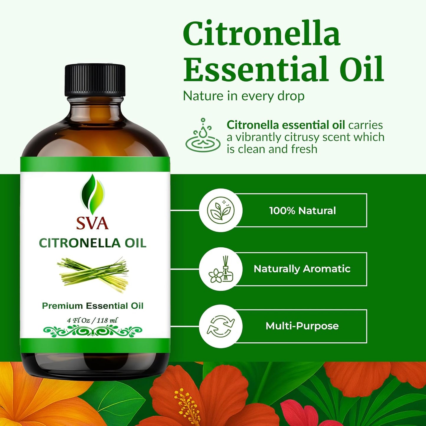 SVA Citronella Essential Oil – 4 Fl Oz – 100% Natural Citronella Oil - for Diffuser, Hair Care, Face, Skin Care, Aromatherapy, Scalp and Body Massage, Soap and Candle Making - with Dropper