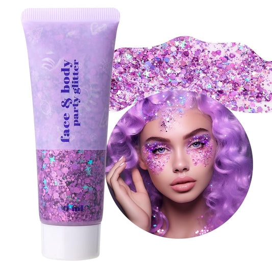 DAGEDA Purple Body Glitter Gel, Holographic Face Glitter Body Gel Rave Party Accessories, Chunky Glitters for Face Hair Nails, Cosmetic Laser Powder Festival Sequins Paint Makeup