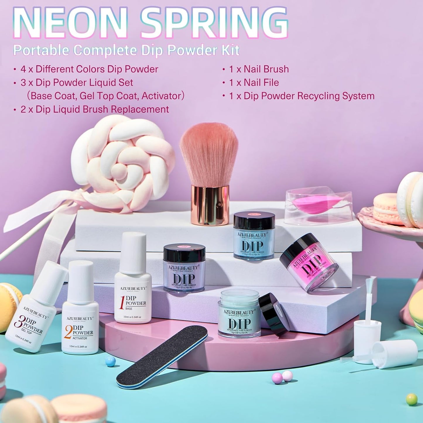 AZUREBEAUTY Dip Powder Nail Kit Starter, Spring Summer Bright Pastel Green Hot Pink Purple 4 Colors Dipping Powder Liquid Set with Base/Top Coat Activator for French Nail Art Manicure DIY Easter Gift