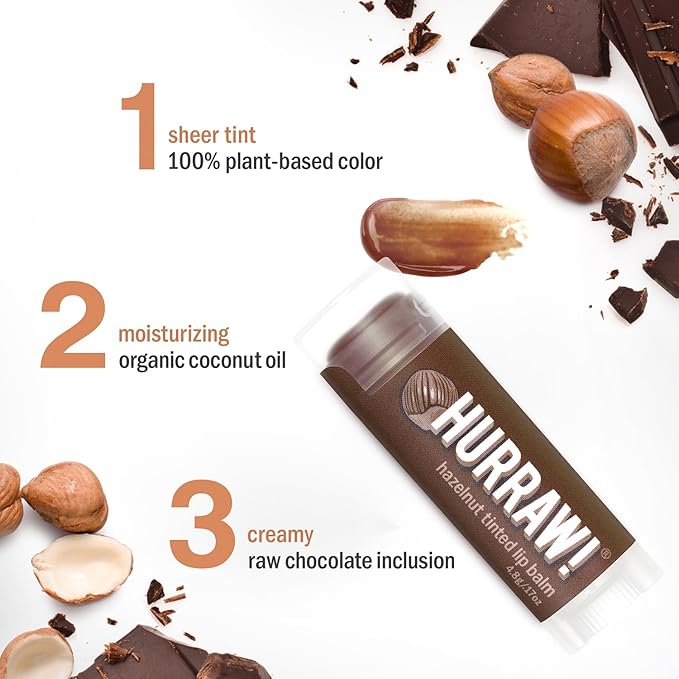 Hurraw! Hazelnut Tinted Lip Balm, 3 Pack: (Sheer Brown Tint) Organic, Certified Vegan, Cruelty and Gluten Free. Non-GMO, 100% Natural Ingredients. Bee, Shea, Soy and Palm Free. Made in USA