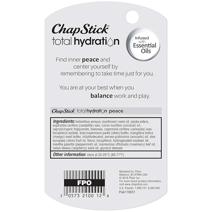 ChapStick Total Hydration Essential Oils Peace Lip Balm, Rosemary + Peppermint Lip Balm Tube, Lip Care - 0.12 Oz