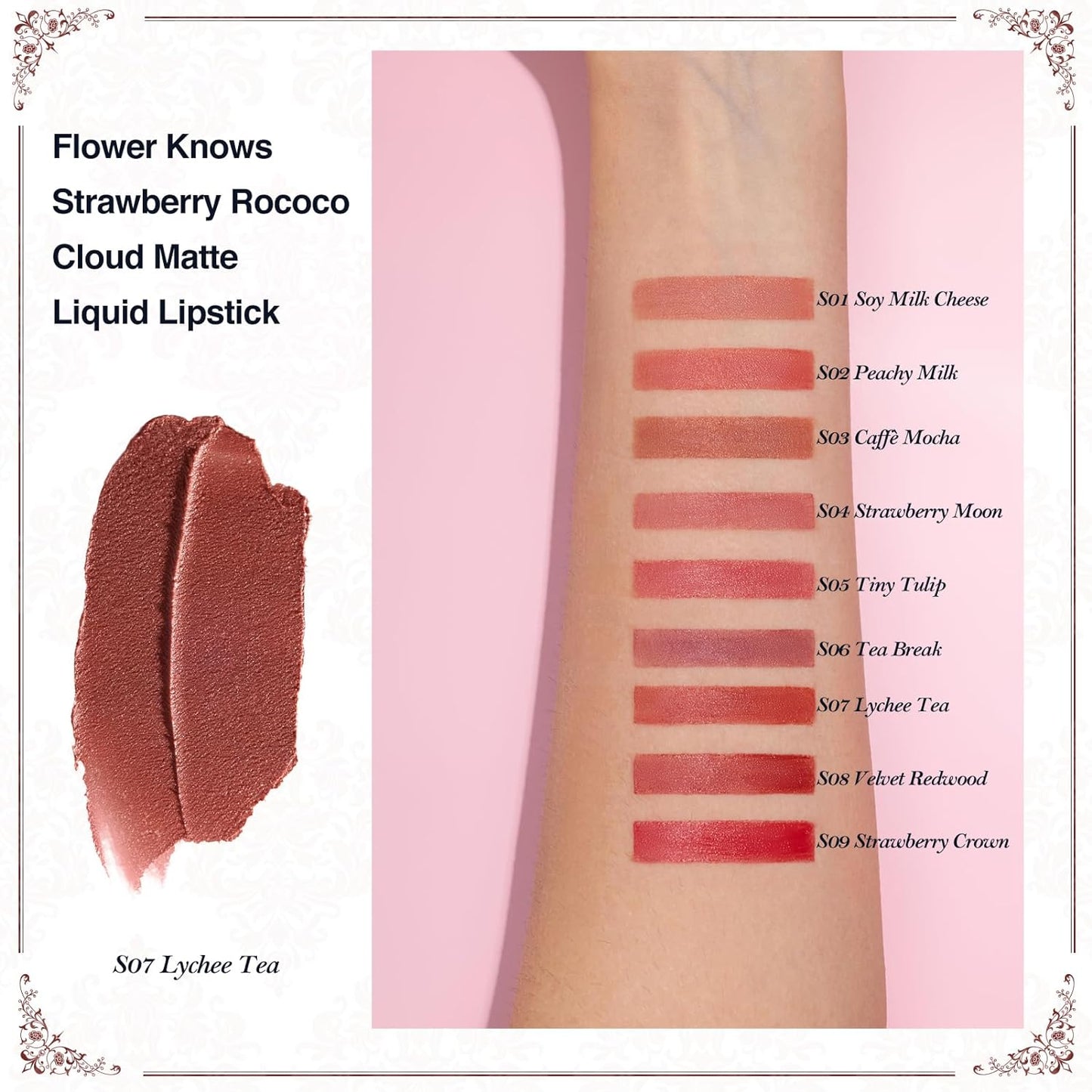 Flower Knows Strawberry Rococo Cloud Lip Cream,Velvety Matte Liquid Lipstick,Red Lipstick,Long Lasting Lip Stain,Kiss-proof Blurred Lipstick for Girls&Women,0.12 Fl Oz(S07 Lychee Tea)