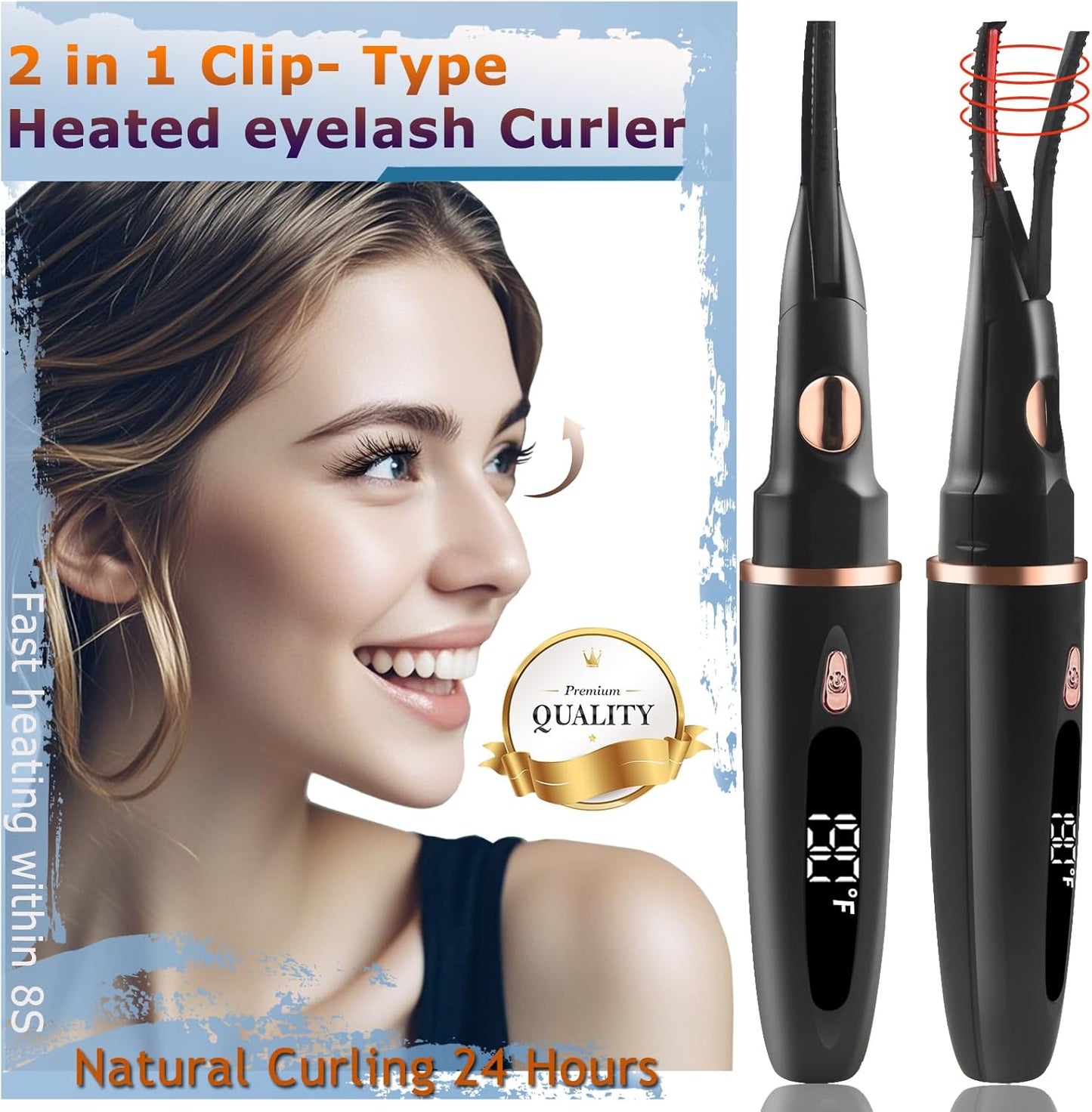 Heated Eyelash Curlers - 2 in 1 Clip- Type Heated lash Curler Best Seller Electric Eyelash Curler LED Display 3 Temp Settings for Makeup Tools USB Rechargeable Natural Curling 24H Long Lasting