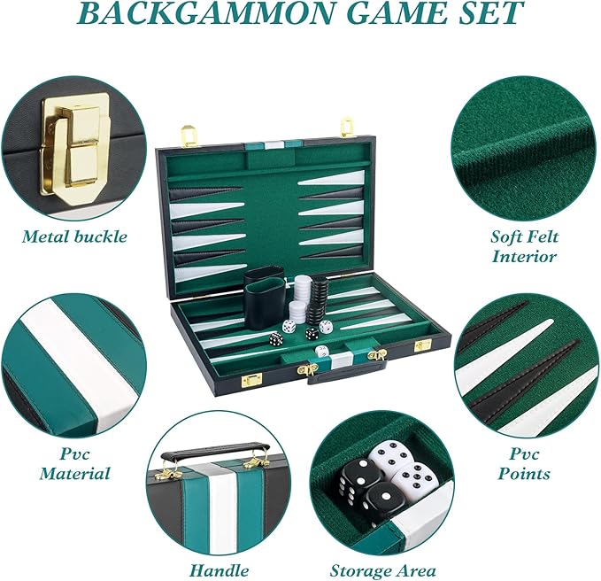 Backgammon Set 2 Players Classic Backgammon Sets for Adults Board Game with Black PU Leather Case Portable and Travel Backgammon Set (Green, 15inch)