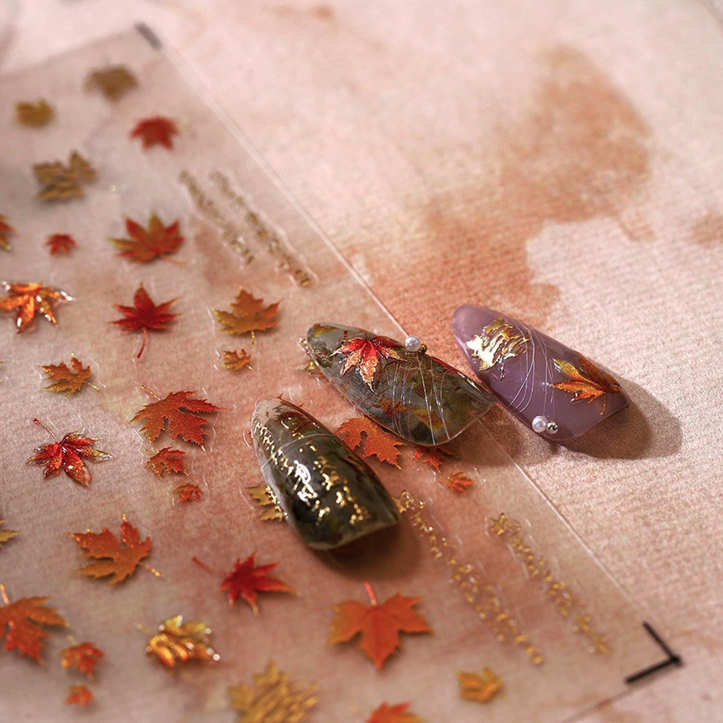 Fall Nail Stickers 1Sheed 3D Embossed Nail Art Stickers Holographic Nails Decals DIY Self-Adhesive with Maple Leaves Gradient Designs for Women Girls Autumn Elegant Nail Art Decorations