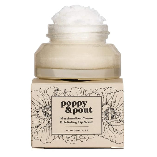 Poppy & Pout Natural Lip Scrub, Moisturizing Sugar Scrub for Dry Lips, Lip Scrubber Exfoliator with Essential Oils Smooths and Hydrates Lips, In Recyclable Glass Jars, Cruelty Free - Marshmallow Creme