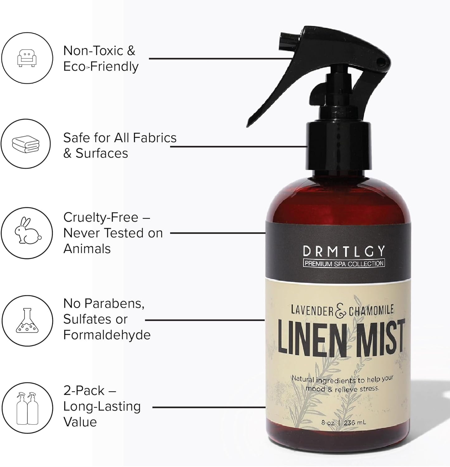 DRMTLGY Natural Lavender Linen Mist and Room Spray. Pure Lavender Essential Oil and Chamomile Pillow Spray, and Fabric Aromatherapy Spray, 8oz, 2 pack