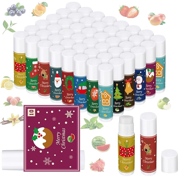 48 Pcs Christmas 12 Days Holiday Lip Balm Gift Set Lip Care Assorted Flavors Ingredients Lip Balm for Dry Chapped Lip Women Men Children Coworker 12 Assorted Flavors Christmas Party