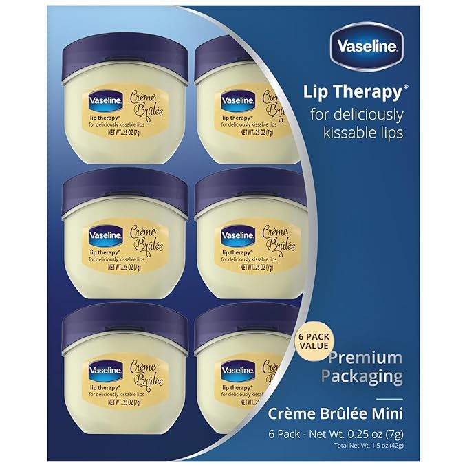Vaseline Lip Therapy Creme Brulee Mini, White Petrolatum, Advanced Moisturizer, Relieves Dull and Dry Skin, Mini Vaseline Petroleum Jelly, Soft & Smooth Vaseline Lips (Pack of 6-0.25 Oz Ea) 