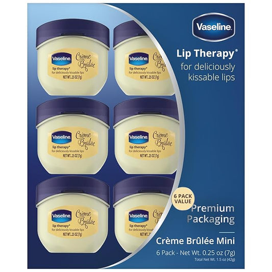 Vaseline Lip Therapy Creme Brulee Mini, White Petrolatum, Advanced Moisturizer, Relieves Dull and Dry Skin, Mini Vaseline Petroleum Jelly, Soft & Smooth Vaseline Lips (Pack of 6-0.25 Oz Ea) 
