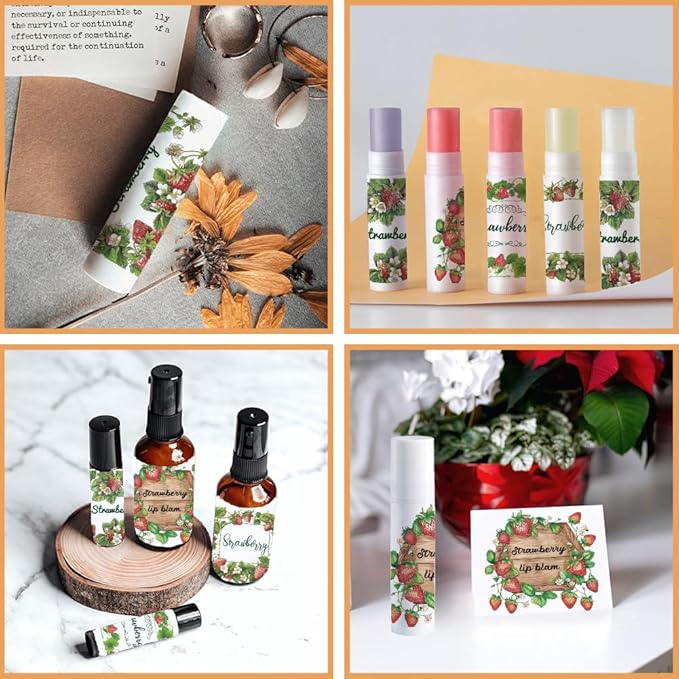 OLYCRAFT 100Pcs Self-Adhesive Lip Balm Tag Stickers 2.1x1.7 inch Waterproof Adhesive Label with Strawberry Rectangle Lipstick Tag Sticker for Lip Balm Container Tubes Lipstick Wrapping Decoration