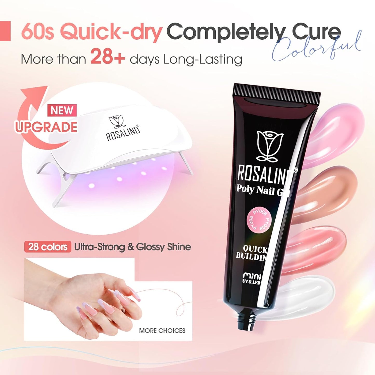 ROSALIND 28 Colors Poly Nail Gel Kit with Mini U V/LED Lamp White Nude Poly Nails Gel Kit Starter Kits With Slip Solution Pink Extensions Set for Nail Manicure Beginner