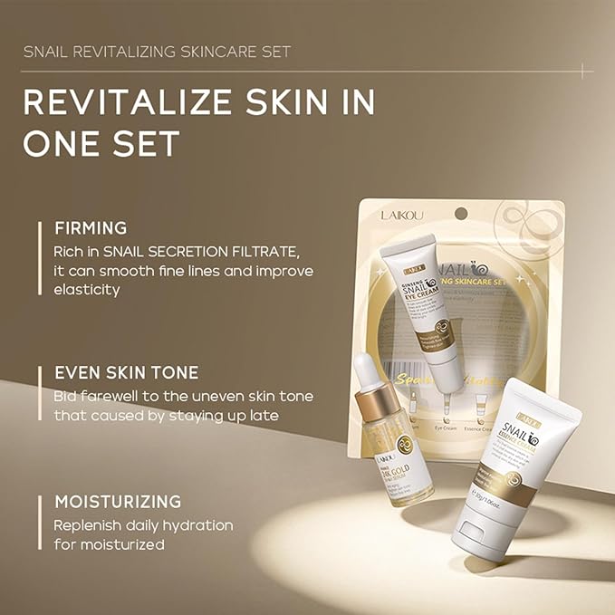 Snail Mucin Skin Care Set,Gold Snail Serum,Ginseng Snail Eye Cream,Snail Essence Cream 3 in 1 Essentials Travel,Improve Damaged Skin Lmproves Elasticity and Minimizes Pores(3pcs)
