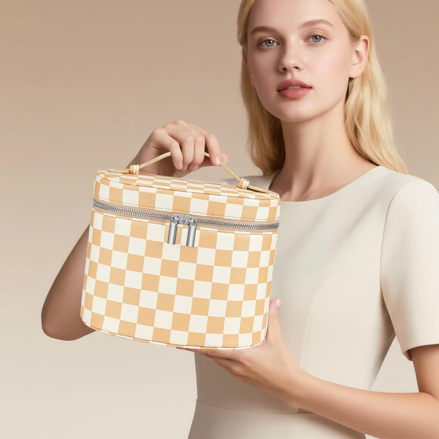 Makeup Bag Vanity Case Cosmetic Bag with Removable Divider Travel Toiletry Bag for Women Portable Make up Box Organizer, Beige and White