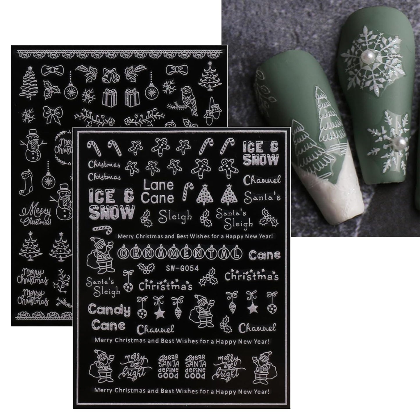 JMEOWIO 9 Sheets Christmas Glitter Nail Art Stickers Decals Self-Adhesive Snowflake Winter Holiday White Nail Supplies Nail Art Design Decoration Accessories