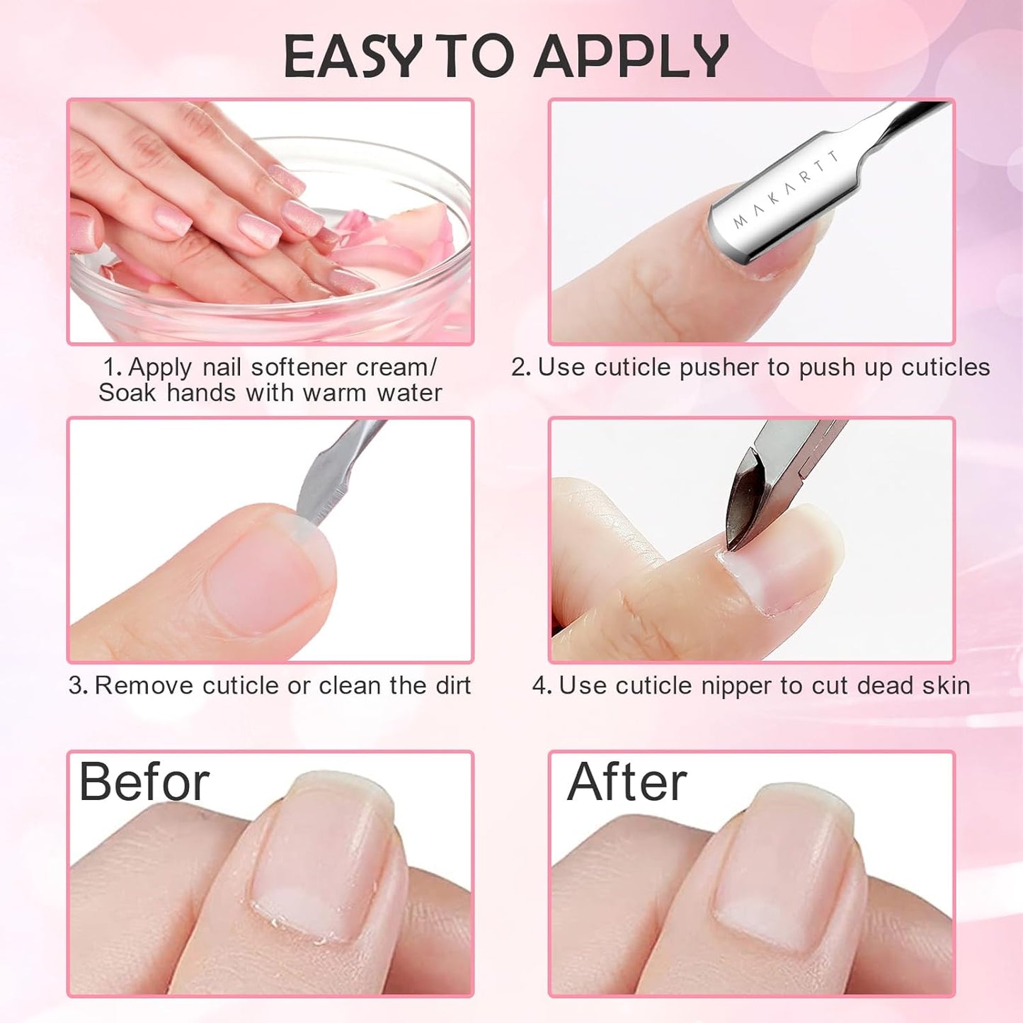 Makartt Cuticle Pushers, 2Pcs Stainless Steel Dual Ended Cuticle Remover with Spoon Pusher, Cutter, Scraper & Dead Skin Fork, Pink Manicure Pedicure Nail Care Kit