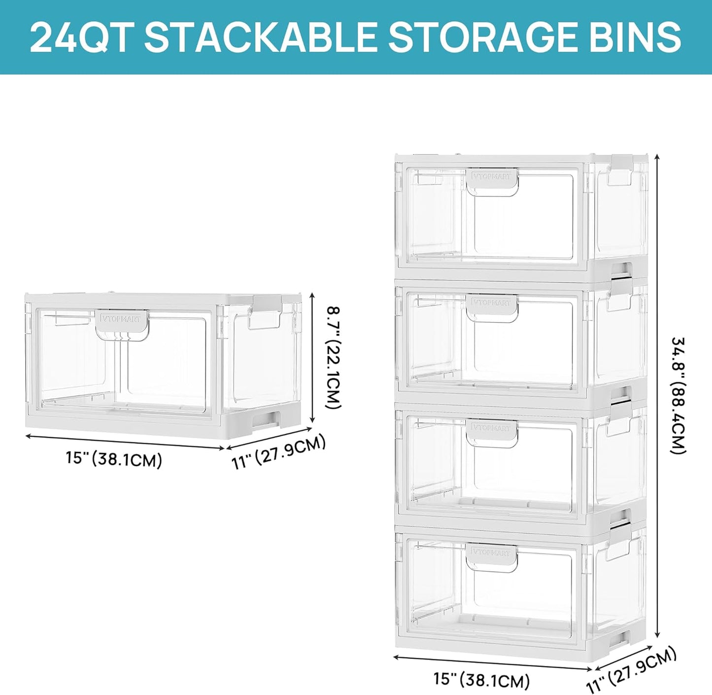 Vtopmart 8 Pack Stackable Storage Bins with Lids,24QT Clear Foldable Closet Organizer with Front-Open Doors,Plastic Storage Containers for Living Room, Bedroom, Craft Room, Dorm Organization