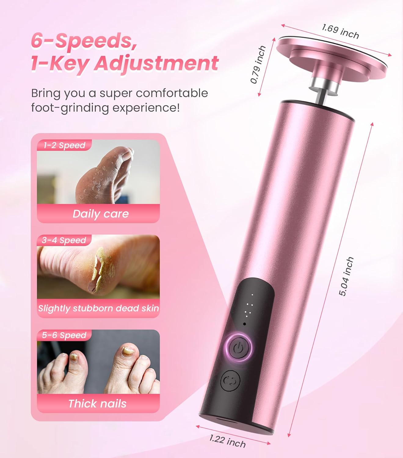 Electric Foot Callus Remover, 6 Speeds 2-in-1 Rechargeable Electric Foot File & Nail Grinder, Callus Remover for Feet Pedicure Tools with Sandpaper Disc for Dead Skin - Pink