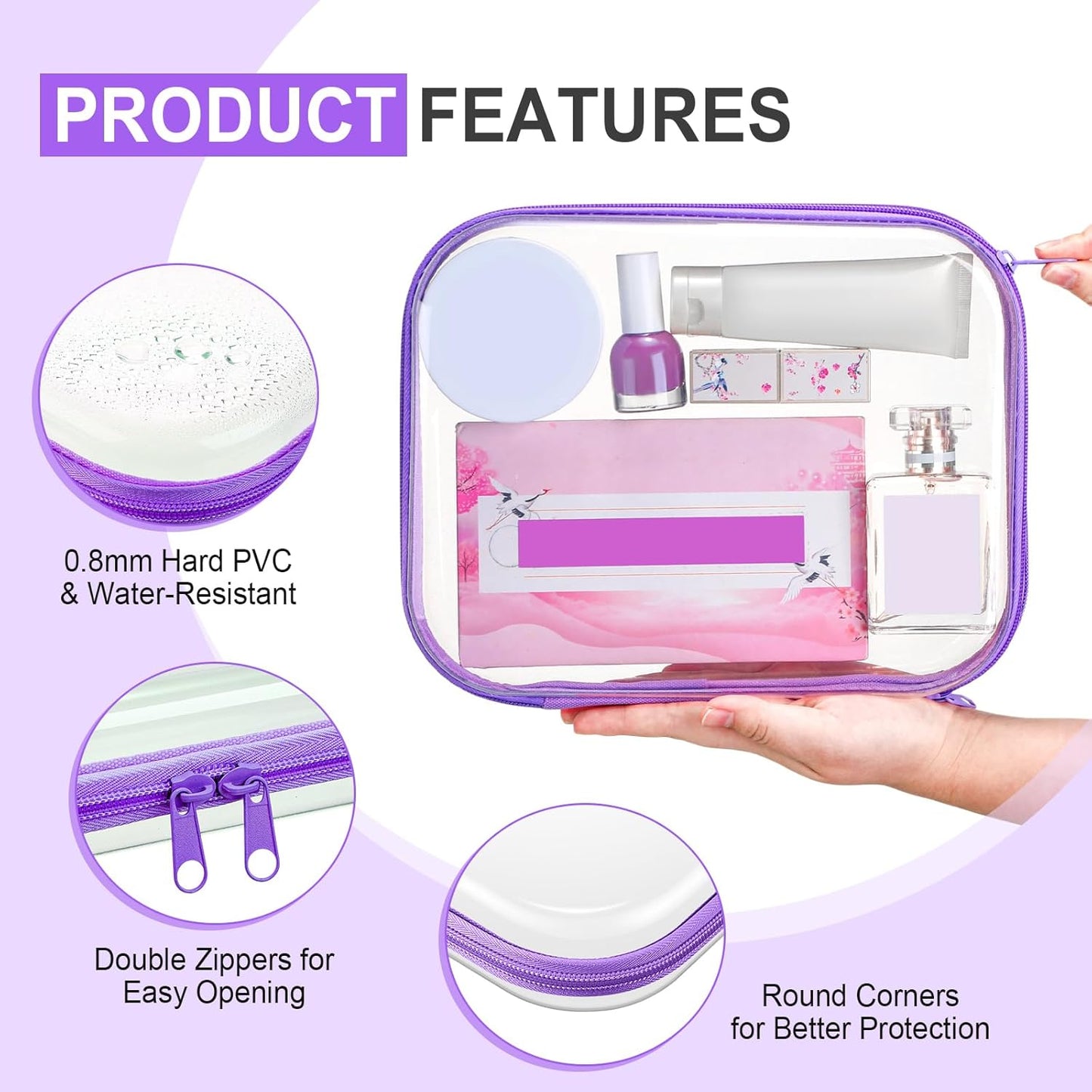 Sanwuta 6 Pcs Clear Hard Zipper Case Pencil Pouches Hard Plastic Zipper Pouches Makeup Bag Transparent Cases for Snacks Plastic Storage Organizer Box for Travel(Purple,9.84 x 7.87 x 2 Inch)