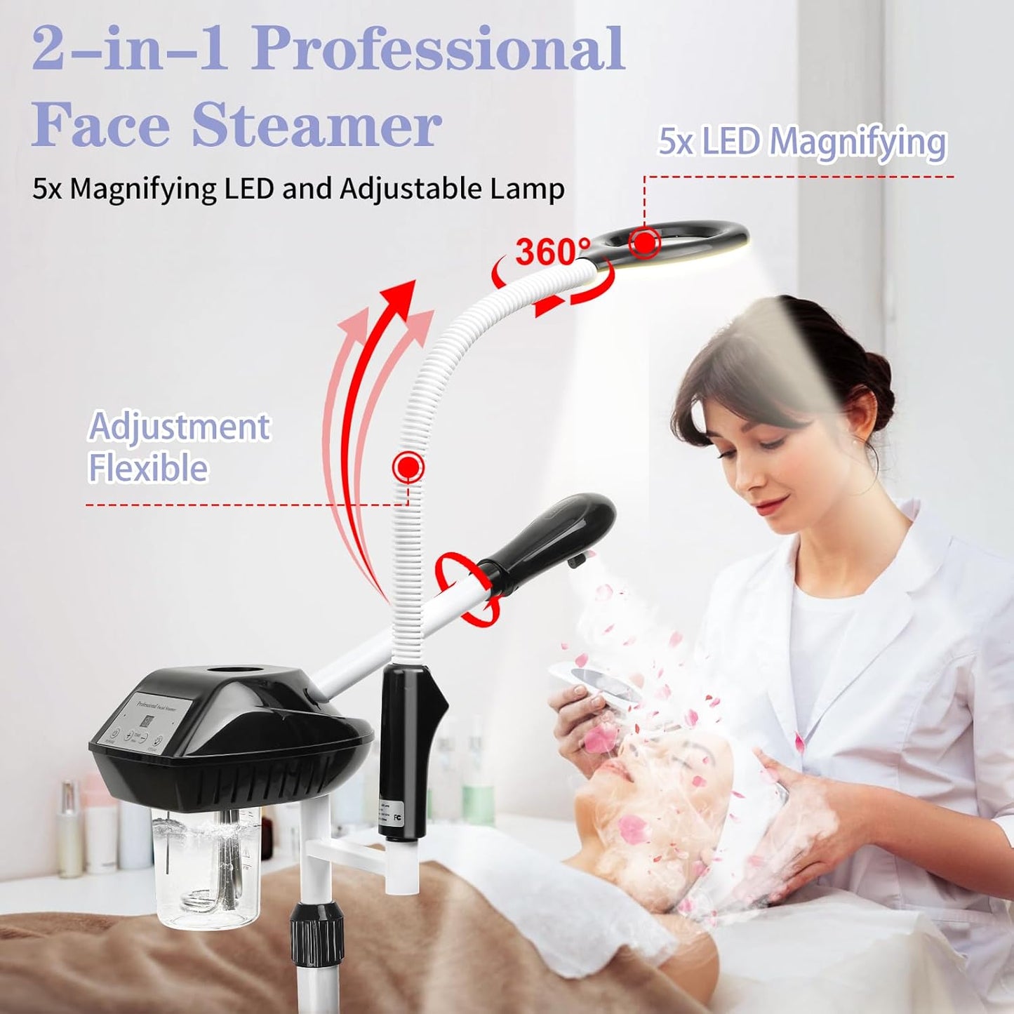 Professional Facial Steamer, 2 in 1 Face Steamer on Wheels, with 5X Magnifying Lamp, Facial Steamer with Time Setting, Stand Face Steamer Adjustable Height for Spa, Salon and at Home use