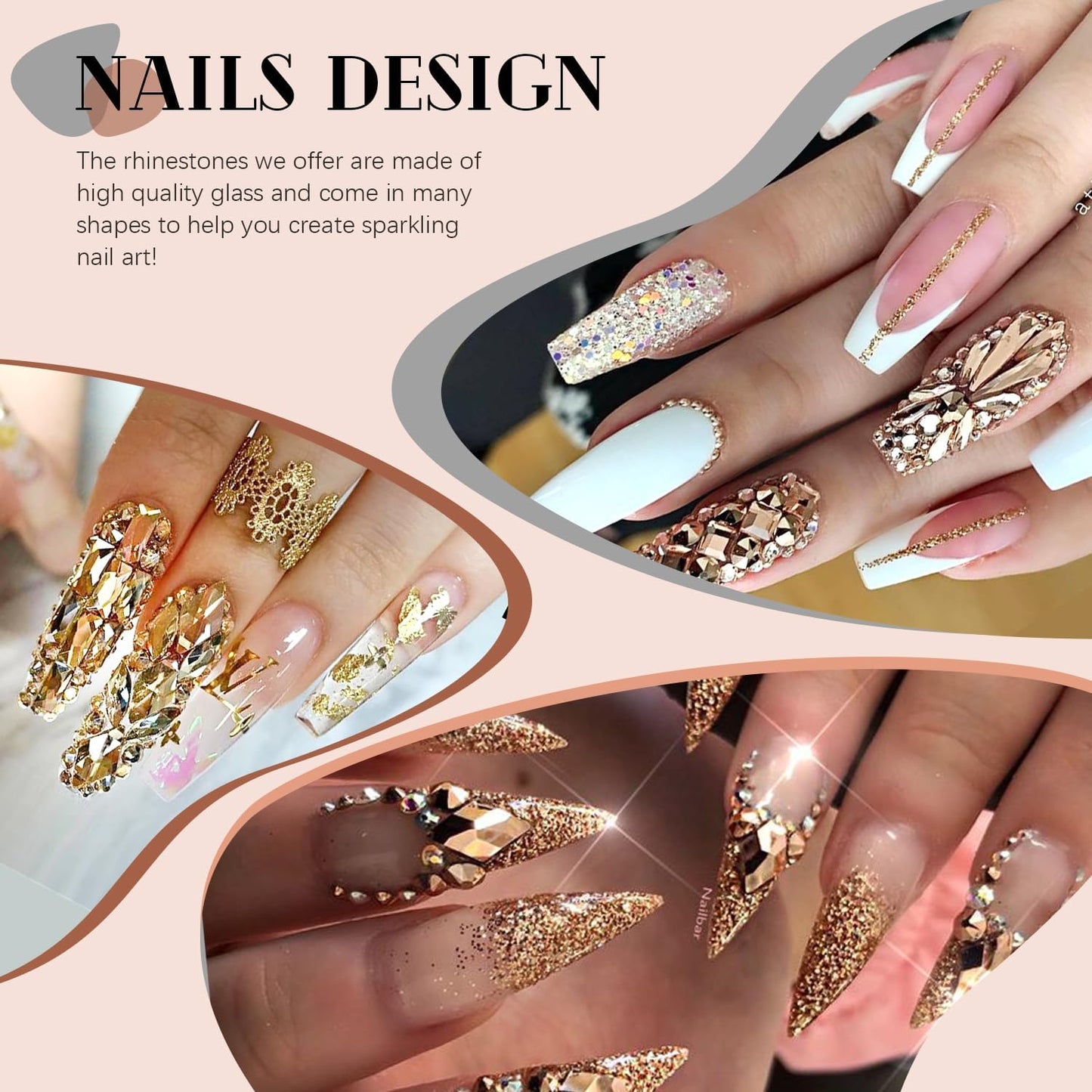 2750Pcs Mineral Gold Glass Nail Rhinestones 240Pcs Multi Shapes Flatback Nail Gems + 2510Pcs 1.5-4mm Round Crystal, Manicure Nail Charms Diamond Gemstones for Acrylic Nails Decoration