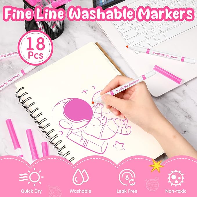 18 Pcs Line Washable Markers Bulk Pink Fine Tip Markers Set Coloring Thin Tip Drawing Washable Pen for Kids Art School Classroom Back to School Gender Reveal Party Supplies, Ages 6+