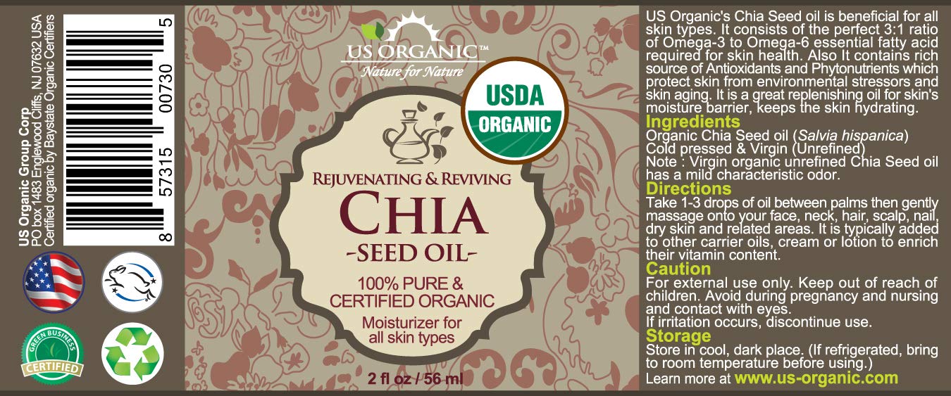 US Organic Chia Seed Oil, Certified Organic, Pure & Natural, Cold Pressed Virgin, Unrefined, Sourced from Paraguay, in Amber Glass Bottle w/Glass Eyedropper for Easy Application (2 oz (56 ml))